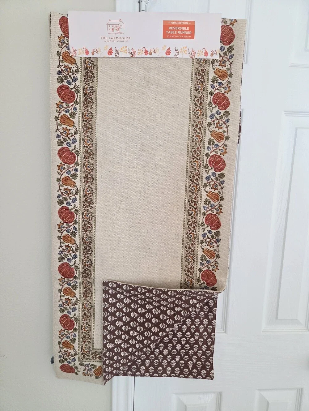 Rachel Ashwell Farmhouse Reversible Table Runner Pumpkin Autumn Harvest 16x90
